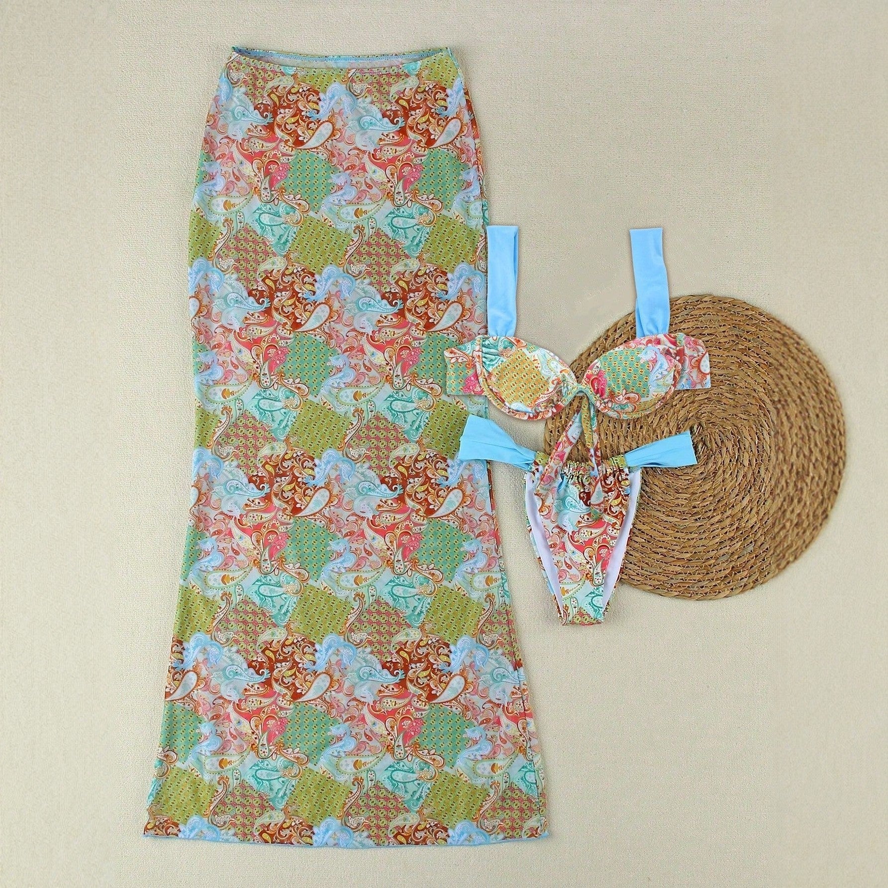 Spring Sexy Hot Girl Color Block Print Strappy Top High Waist Skirt Three Piece Set