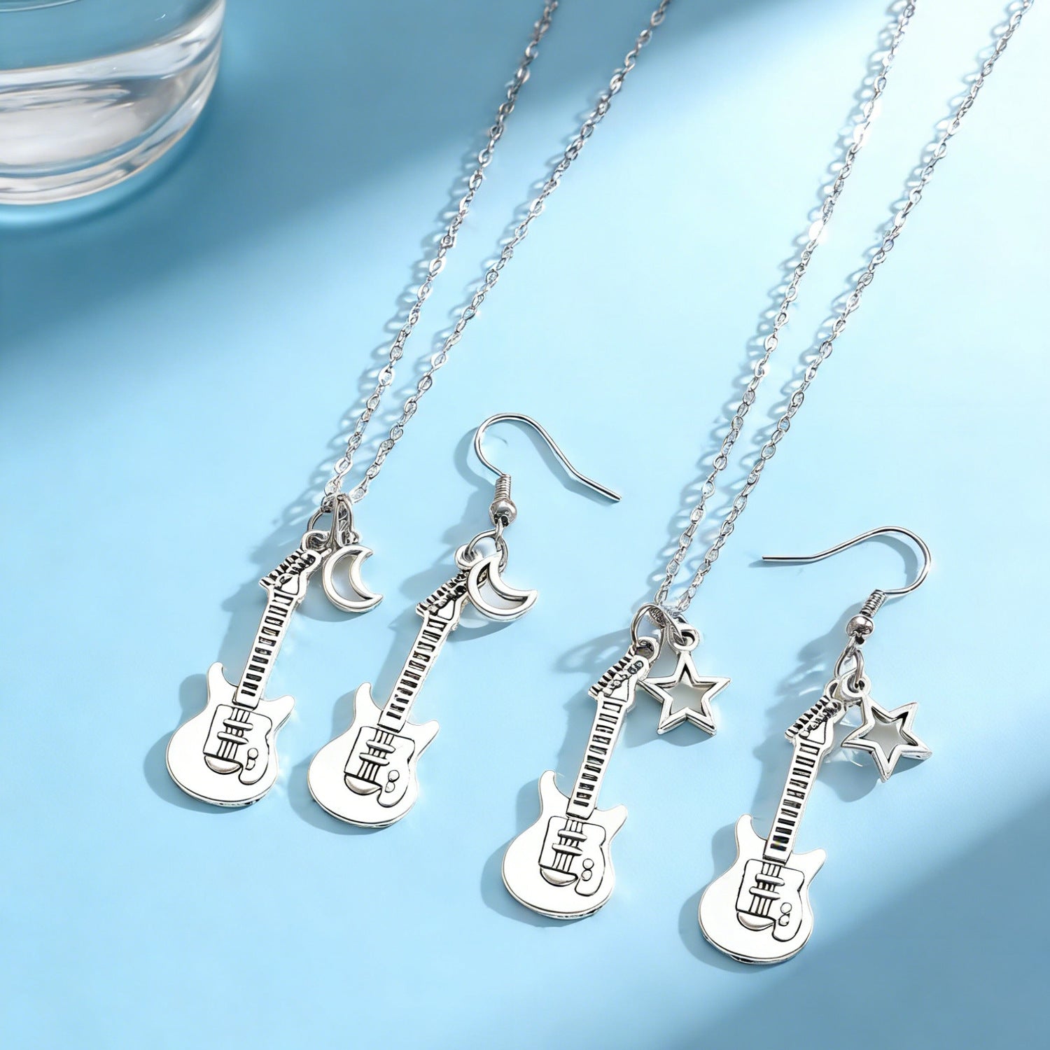 Fashion Guitar Music Instrument Necklace & Earrings Women Hip Hop Moon Star Pendant