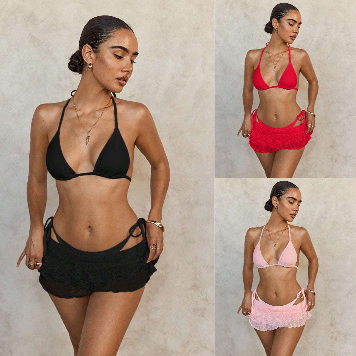 Lace Mesh Skirt Cover Up Strappy Halter Three Piece Bikini