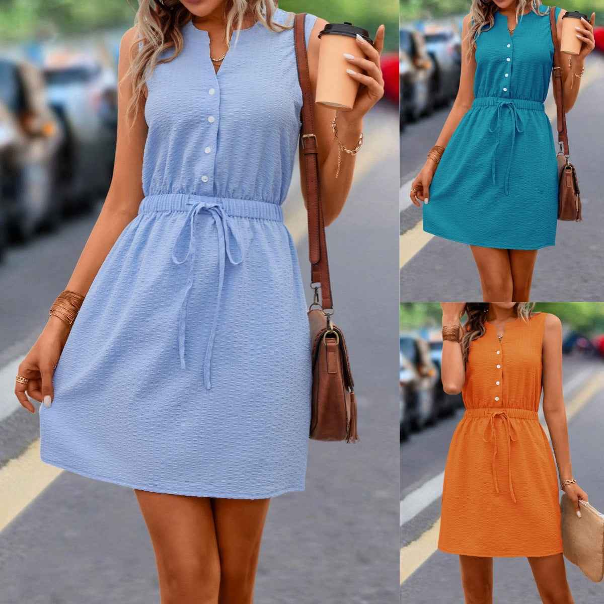 Casual Woven Button Lace Up Waist Solid Color Sleeveless Dress Solid Button Drawstring Waist Dress