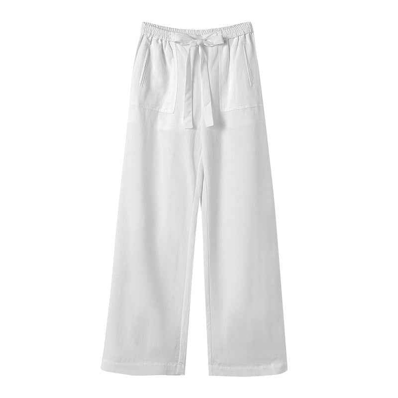 Womens Cotton Linen Pants Wide Leg High Waisted Drawstring Summer Beach Pants with Pockets