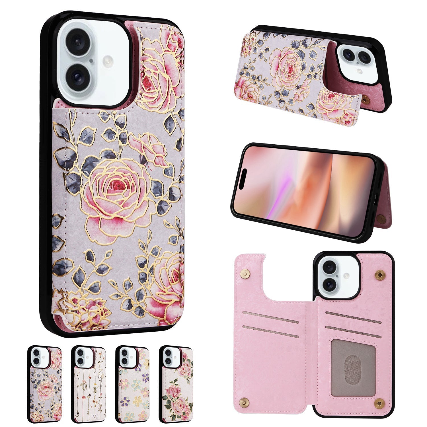 Card Holder Applicable to Apple 16 painted double buckle four-insert card wallet case 16pro max all-inclusive anti-drop case protective cover