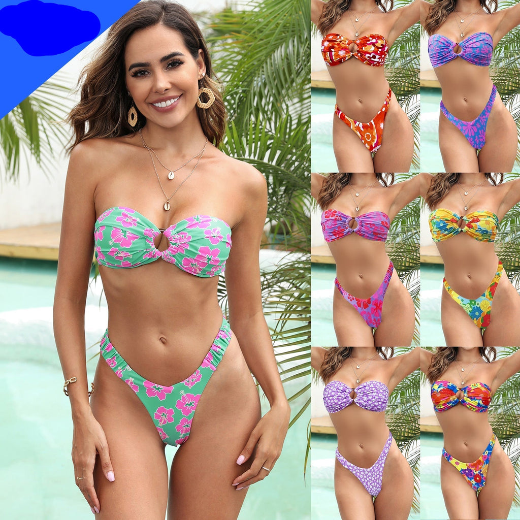 Tube Top Pumping Pleated Bikini Female Sexy Halter High Waist Thickened Split Swimsuit