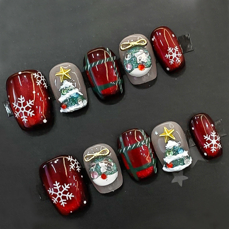 Pure handmade wear nail cute little fresh Christmas manicure Christmas tree short nail removable manicure