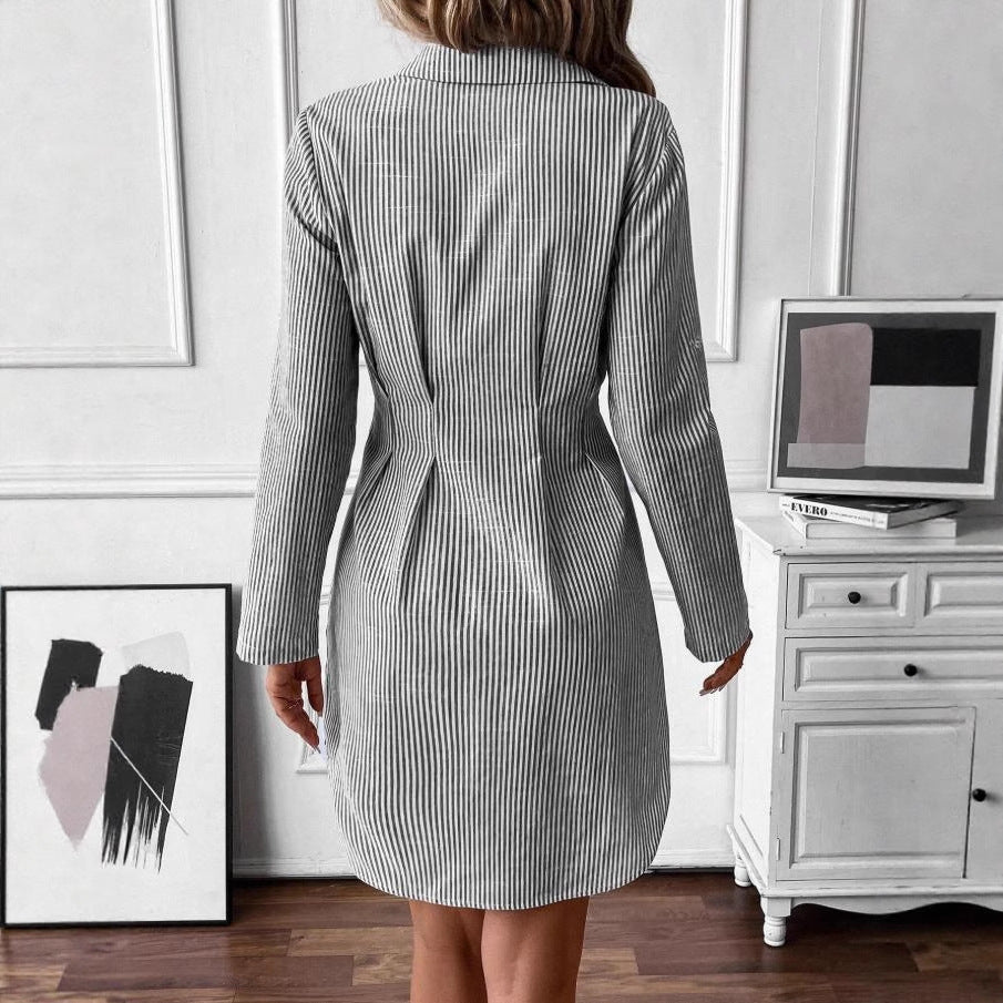 Spring and Autumn Striped Casual Temperament Elegant Lapel Waist Long Sleeve Blouse Skirt