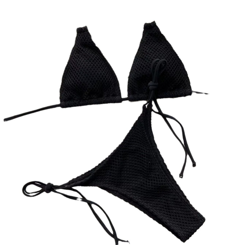 Mesh Fabric Solid Color Split Bikini Swimsuit, Stylish Sexy Beach Hot Spring Resort Swimsuit Swim Hollow Out Halter Bikini Swimsuit