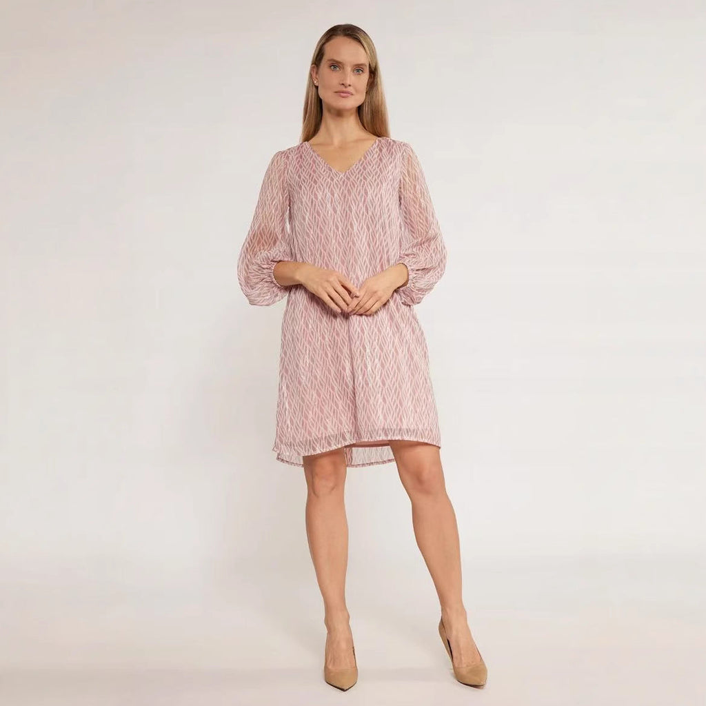 Spring V-Neck Solid Textured Long Sleeve Dress – Elegant French Style Midi for Women