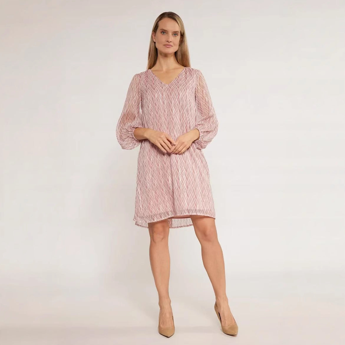 Spring V-Neck Solid Textured Long Sleeve Dress – Elegant French Style Midi for Women