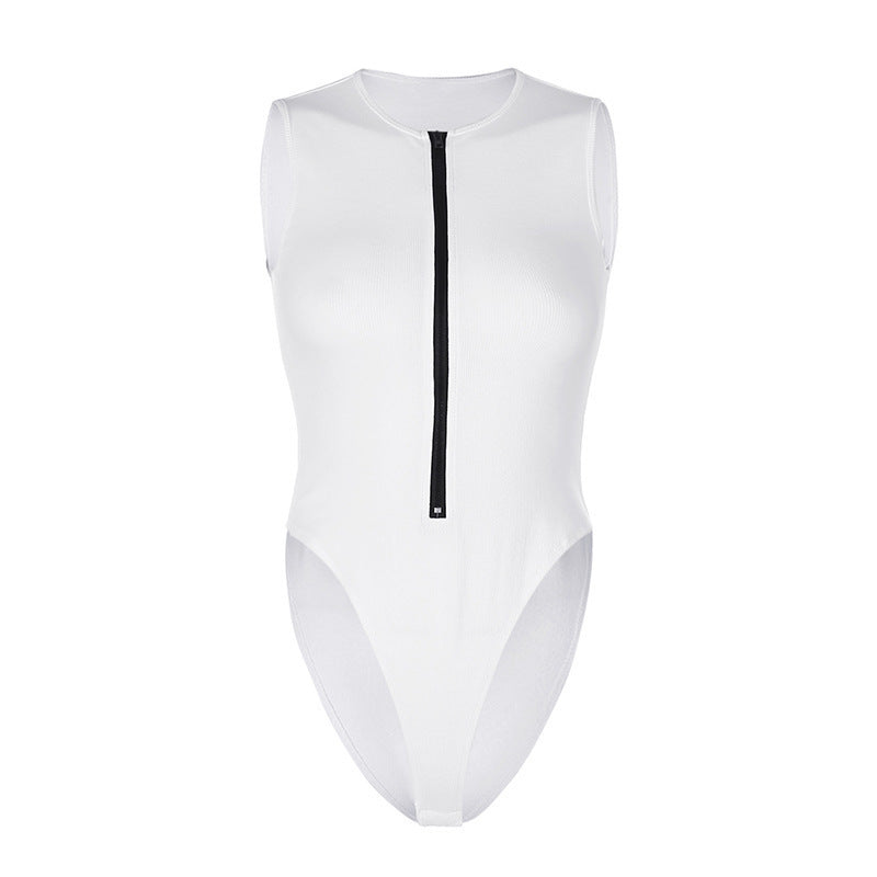 Summer Zipper Crew Neck Sleeveless Fashion Sexy Solid Color Versatile Cool Bodysuit Women's Top