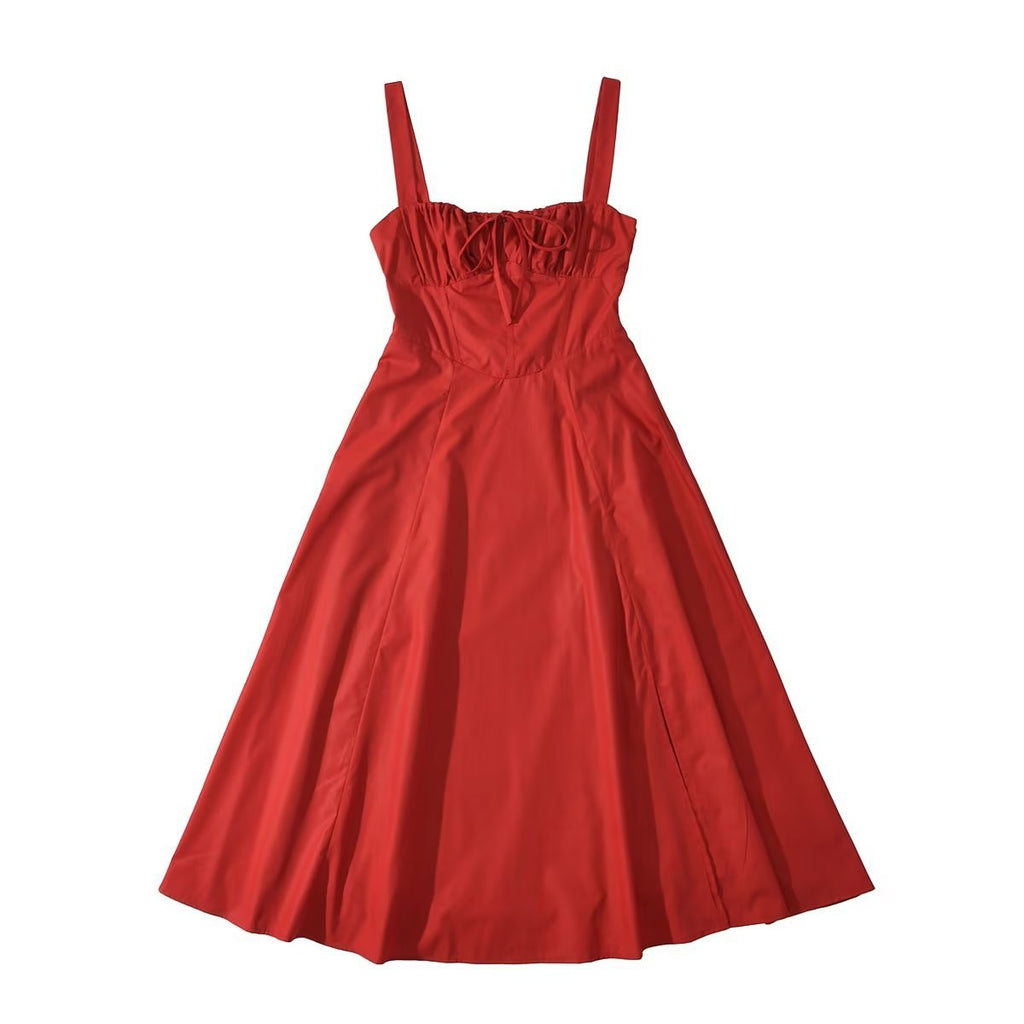 Square Neck Bustier Midi Dress - Low Cut Sleeveless Swing Sundress with Lace Trim & Spaghetti Straps