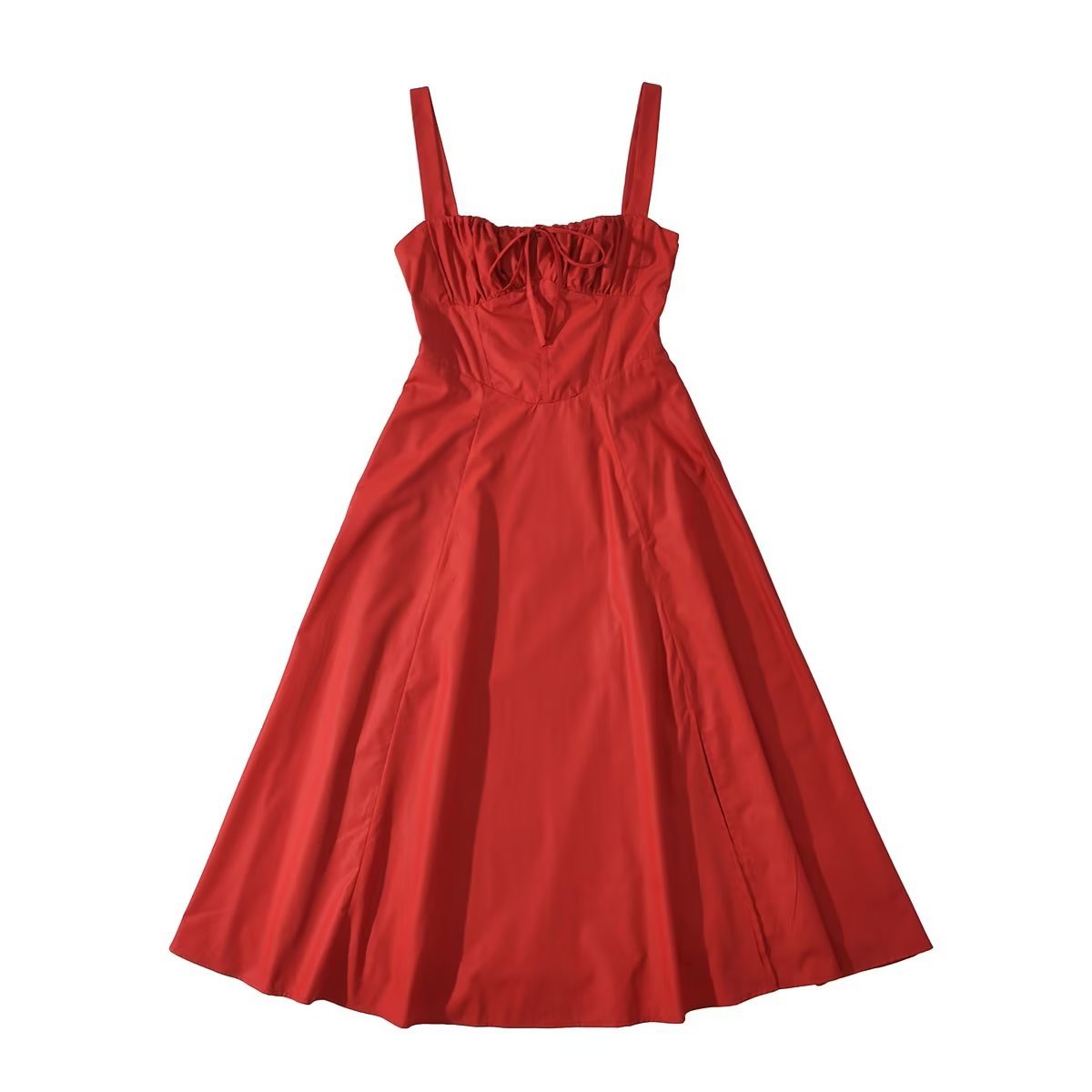 Square Neck Bustier Midi Dress - Low Cut Sleeveless Swing Sundress with Lace Trim & Spaghetti Straps