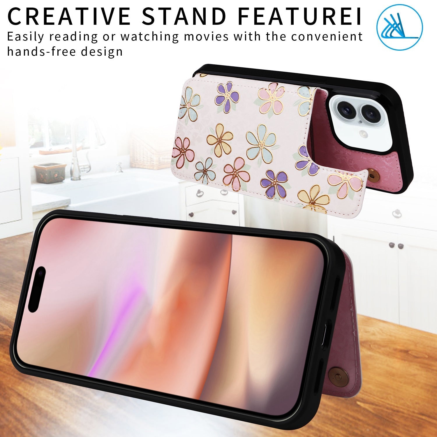 Phone Wallet For Apple 16 painted double buckle four-insert card wallet case 16pro max all-inclusive anti-drop case protective cover
