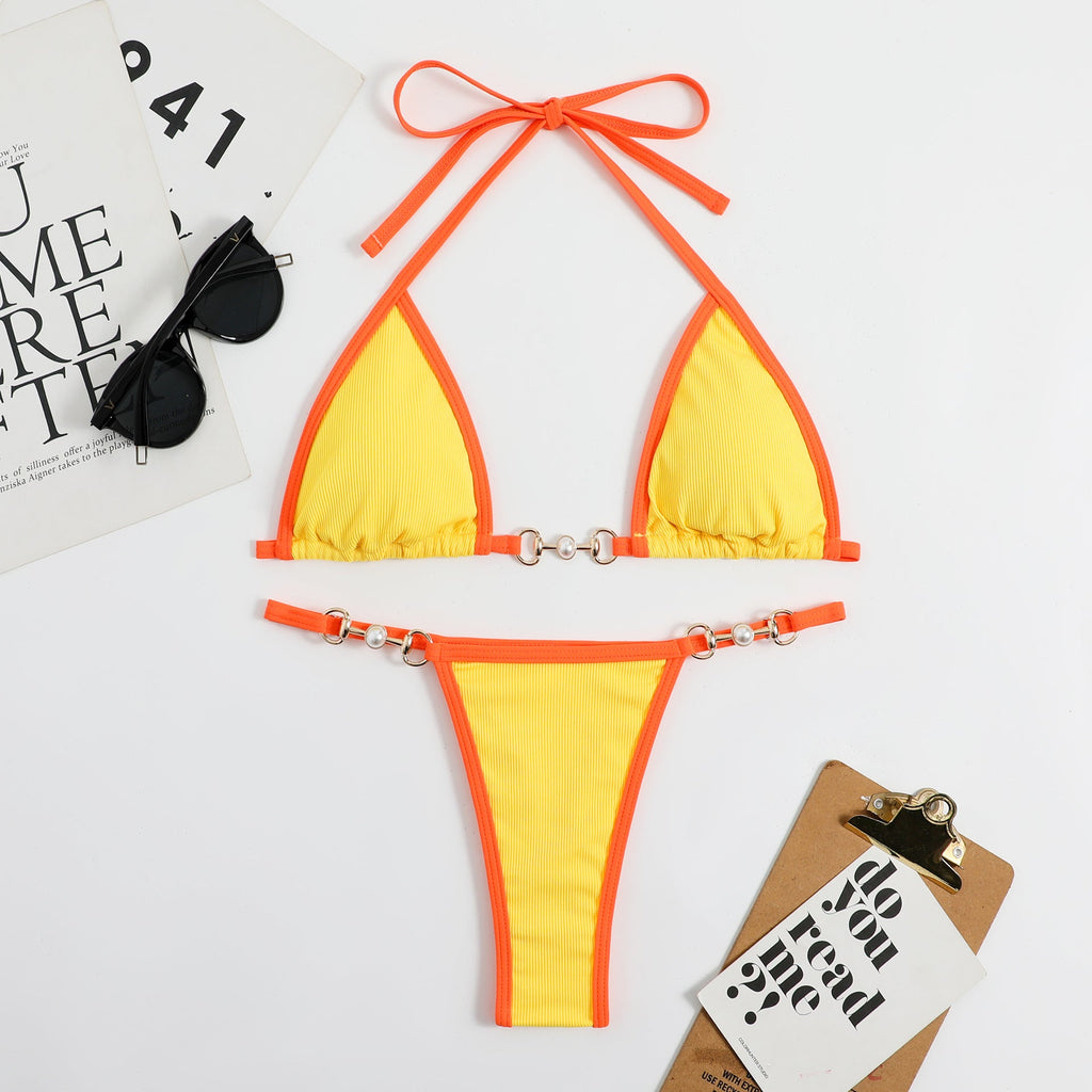 Swimwear Sexy Solid Metal Bikini Swimsuit Women's Bikini Set