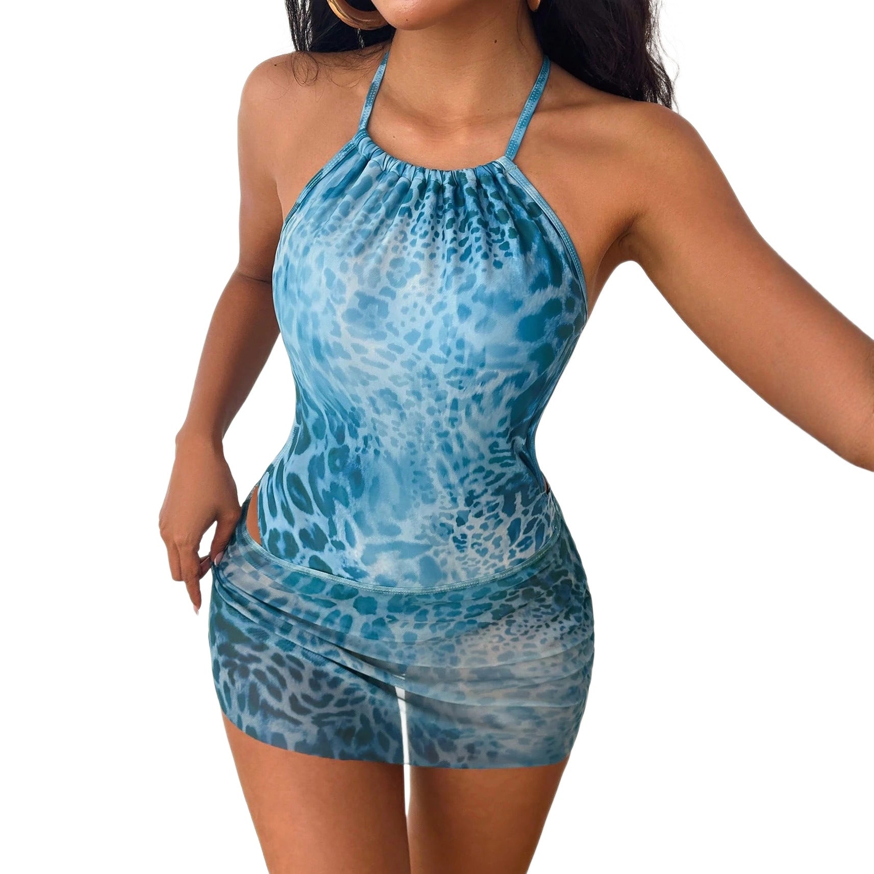 One Piece Swimsuit Sexy Backless Lace up Leopard Print with Skirt Slimming Two Piece Swimwear