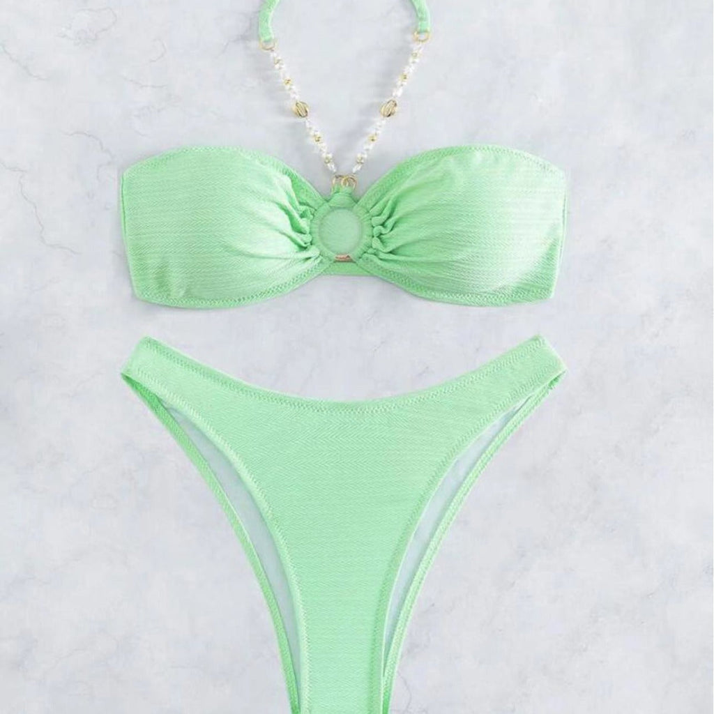 Sexy Solid Neck Ladies Beach bikini Ruched Bust Halter Bikini Swimsuit