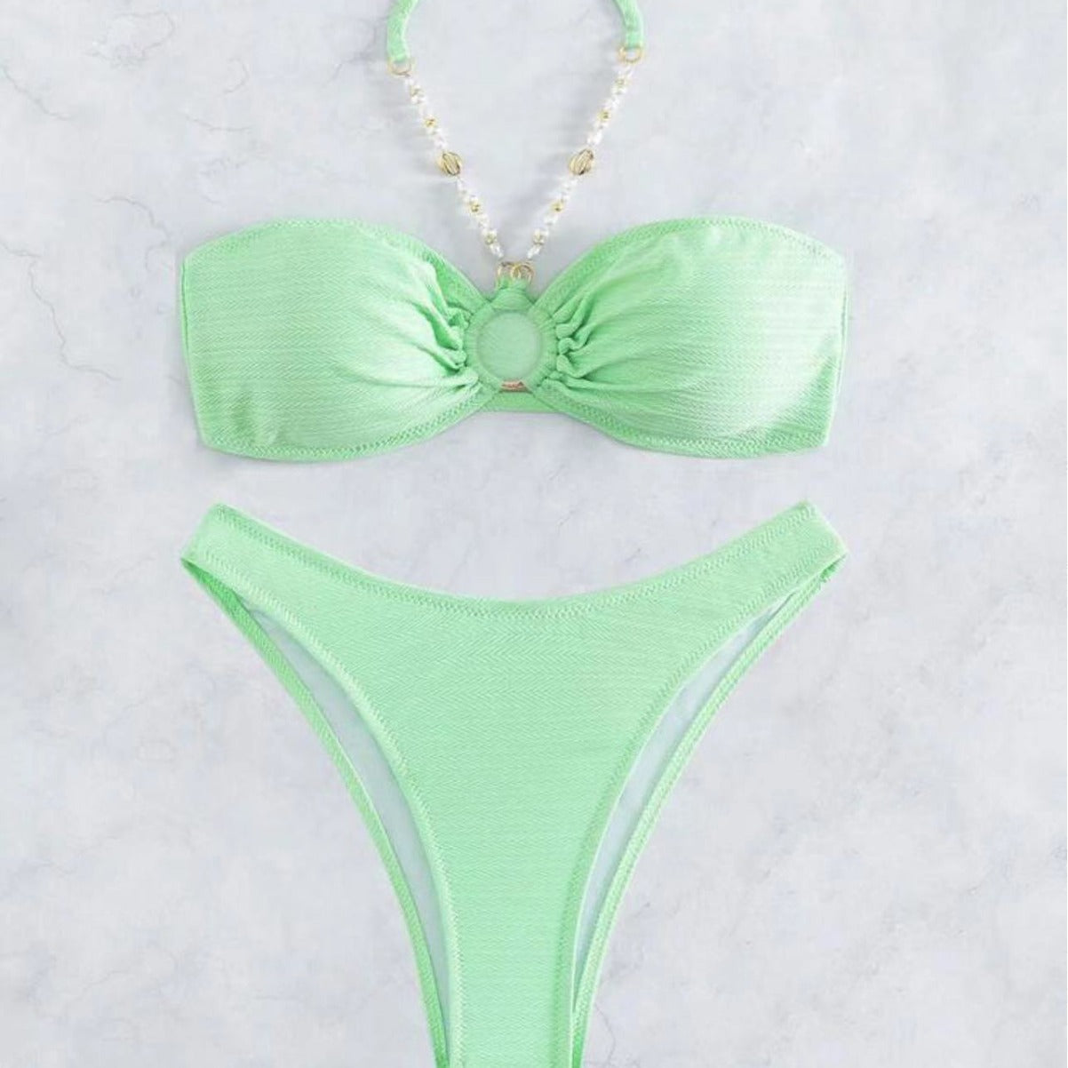 Sexy Solid Neck Ladies Beach bikini Ruched Bust Halter Bikini Swimsuit