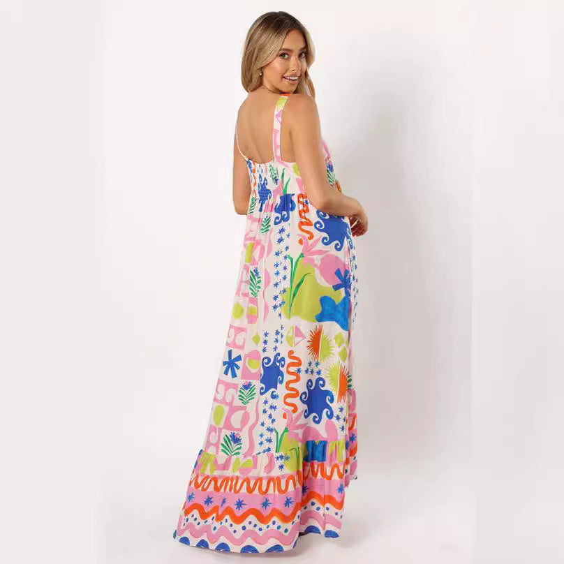 Printed shrinkage pleated splicing long suspender dress positioning flower pendulum skirt