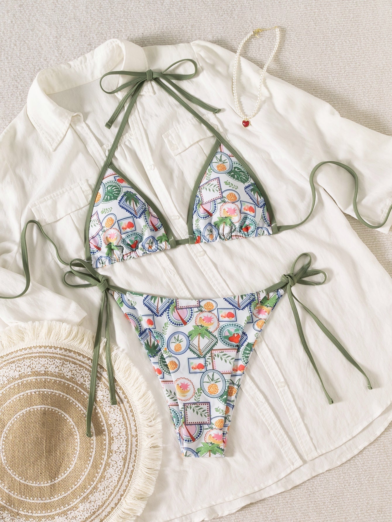 Contrasting Print Strap Sexy Bikini Split Swimsuit Batwing Short Sleeve Shirt W Plants Print