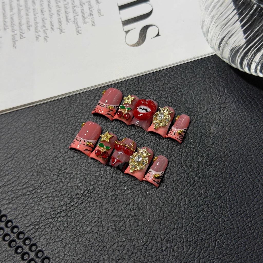 Original Sweet Cool Duck Beak Crimson Lips Cherry Handmade Press on Nails Wholesale