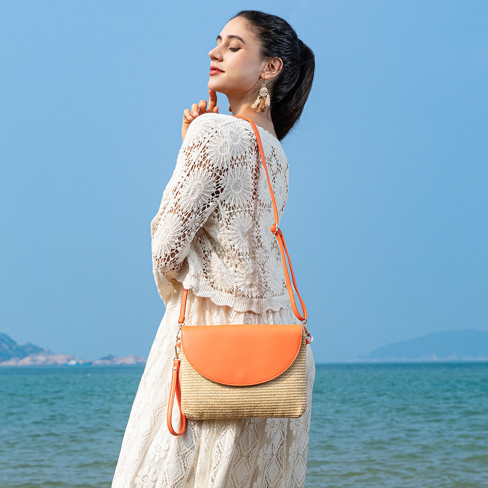 Holiday straw bag, small solid color shoulder bag, small crossbody beach bag, seaside beach bag evening clutch woven bag