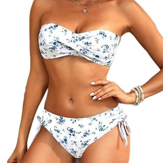 Tube top screw bag floral swimming split bikini