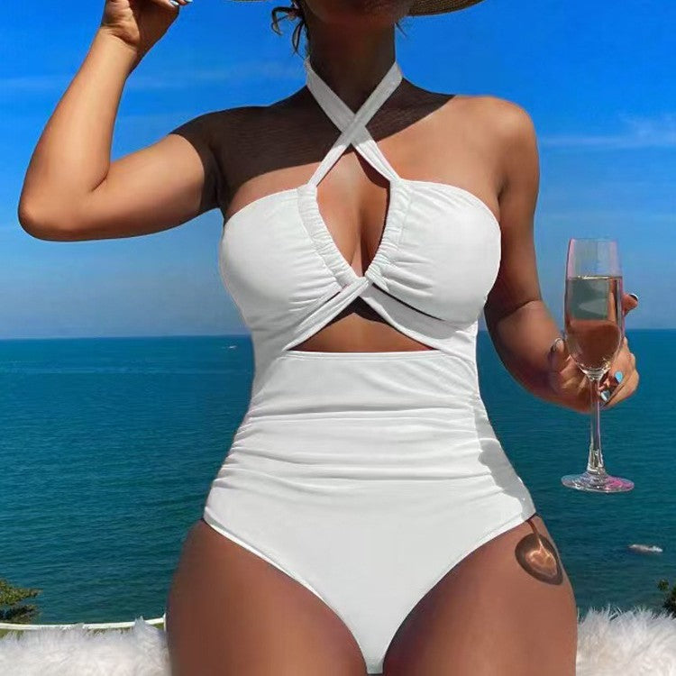 High Waist Solid Color One Piece Sexy Backless Halter Swimsuit for Women