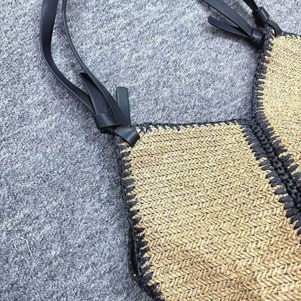 Slouchy Diagonal Stripe Straw Bag – Casual Black-Trim Handheld Tote, Beach Vacation Woven Purse