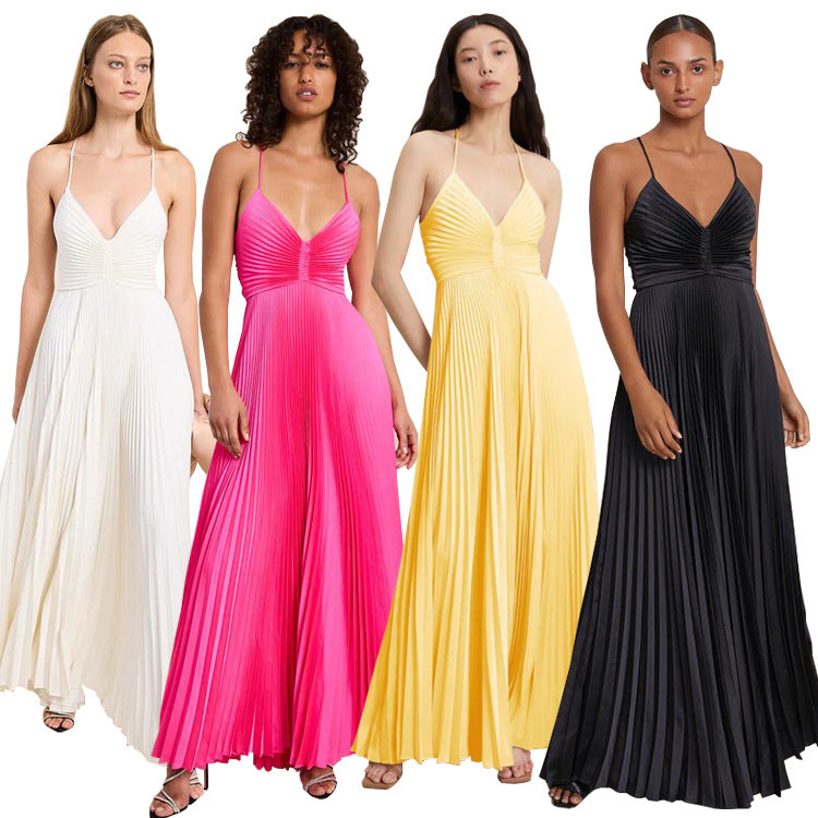 Pleated Tie-Strap Slip Dress