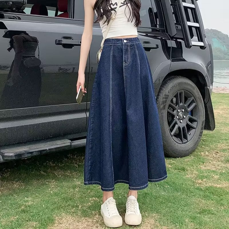 Women’s Denim A-Line Midi Skirt – Plus Size High-Waist Elastic Waist, Fall Loose-Fit Skater Skirt