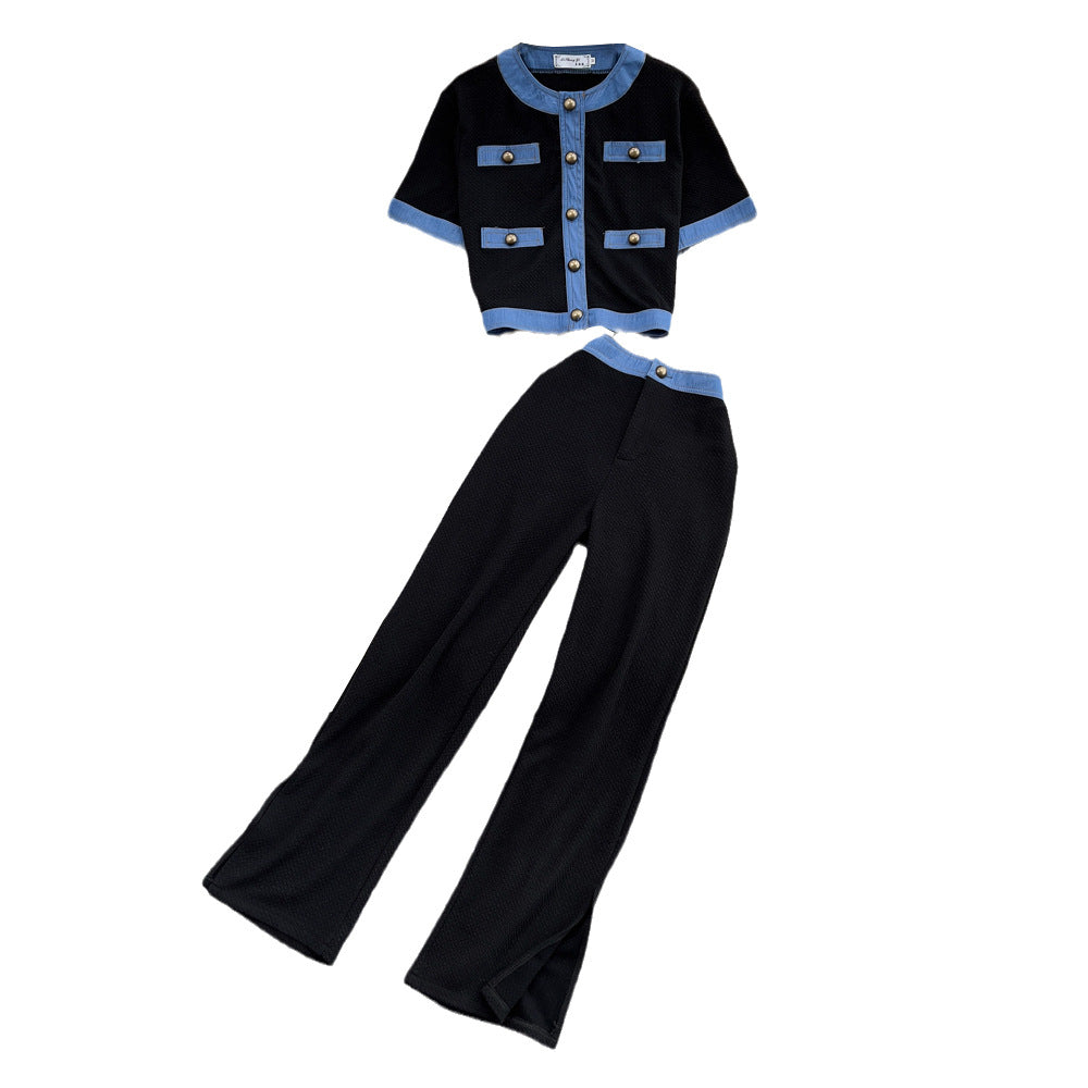 Fashion Two-Piece Set – Elegant Crewneck Single-Breasted Denim Contrast Crop Top + Skirt Suit