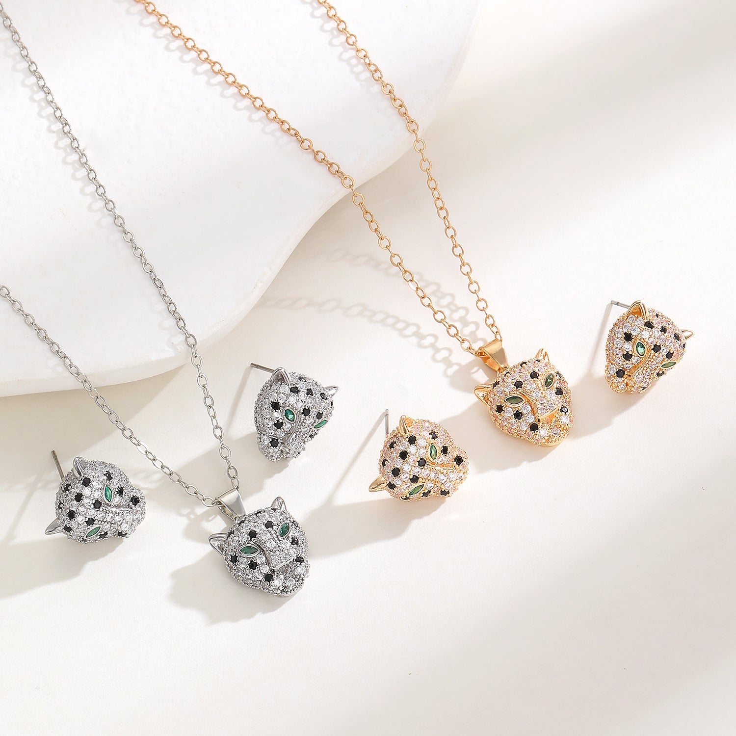 Hip Hop Leopard Head Pendant Necklace & Earrings Set Paved Zircon Luxury Jewelry