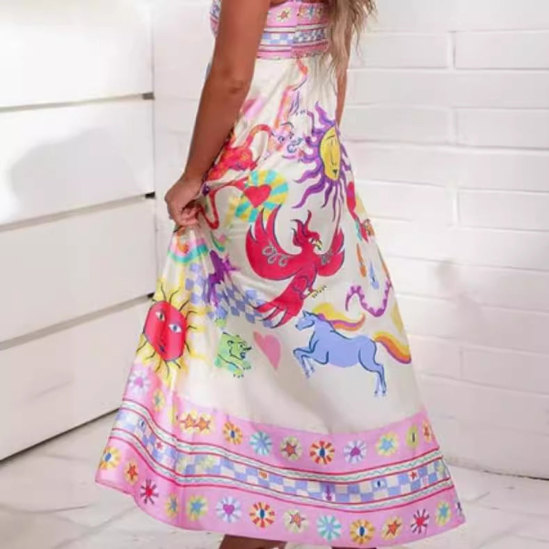 Summer Women's Casual Long Dress Suspender Printed High Waist Sleeveless Pendulum Dress