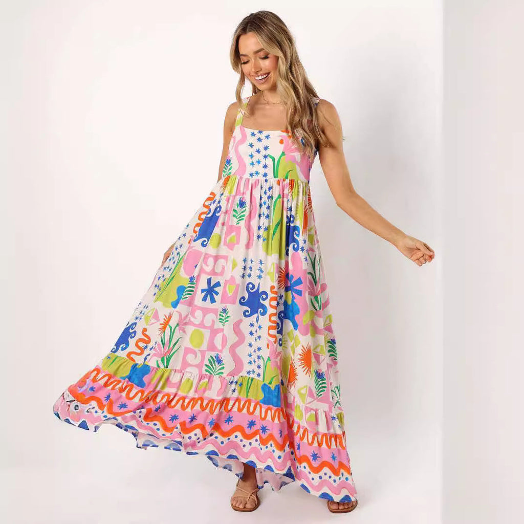 Printed shrinkage pleated splicing long suspender dress positioning flower pendulum skirt