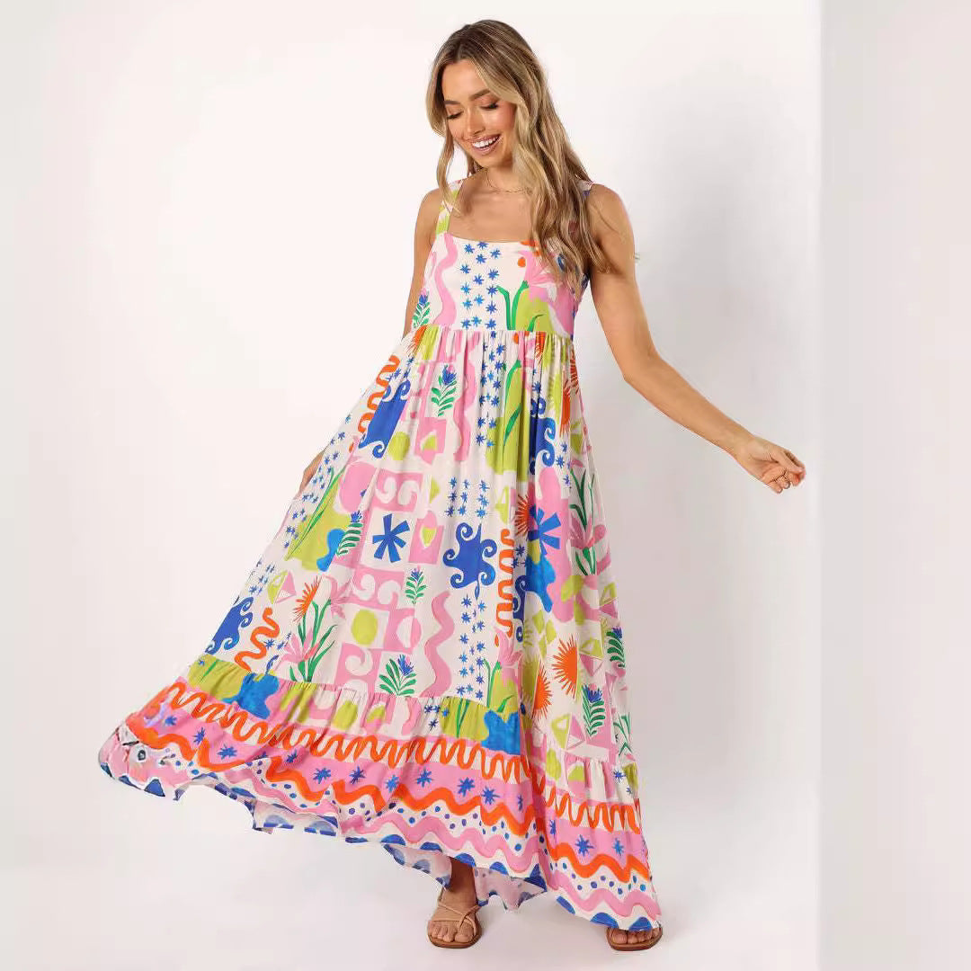 Printed shrinkage pleated splicing long suspender dress positioning flower pendulum skirt