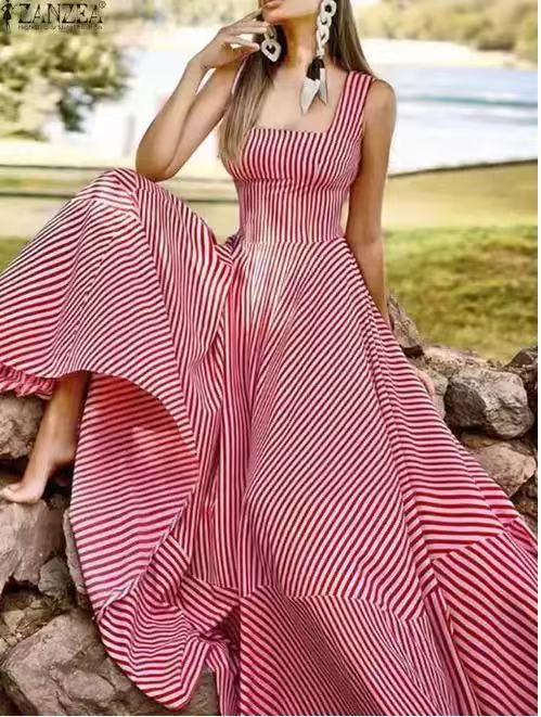 Summer Fashion Striped Tank Dress – Flared Tie-Waist Midi