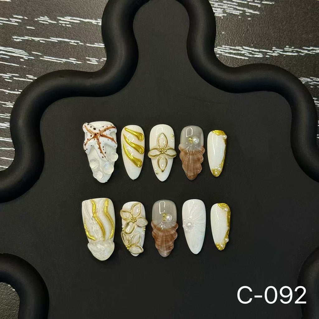 Golden Jellyfish Short Almond Aurora Stereo Carved Jellyfish Ocean Gilt Press on Nails