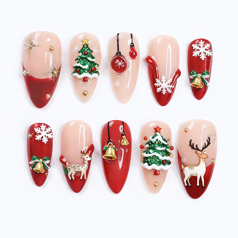 Christmas wear armor 3D three-dimensional elk Christmas tree almond high-quality nail art piece wear nail pure handmade