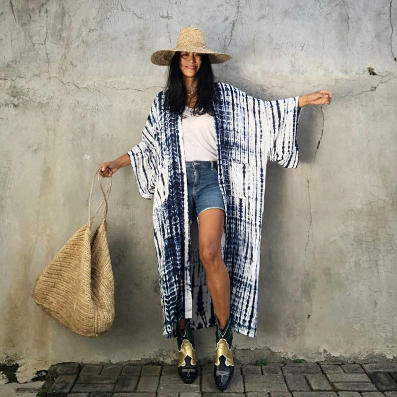 Tie-Front Printed Cardigan Beach Dress ¨C Bikini Cover-Up, Vacation Sun Protection Kimono Dress