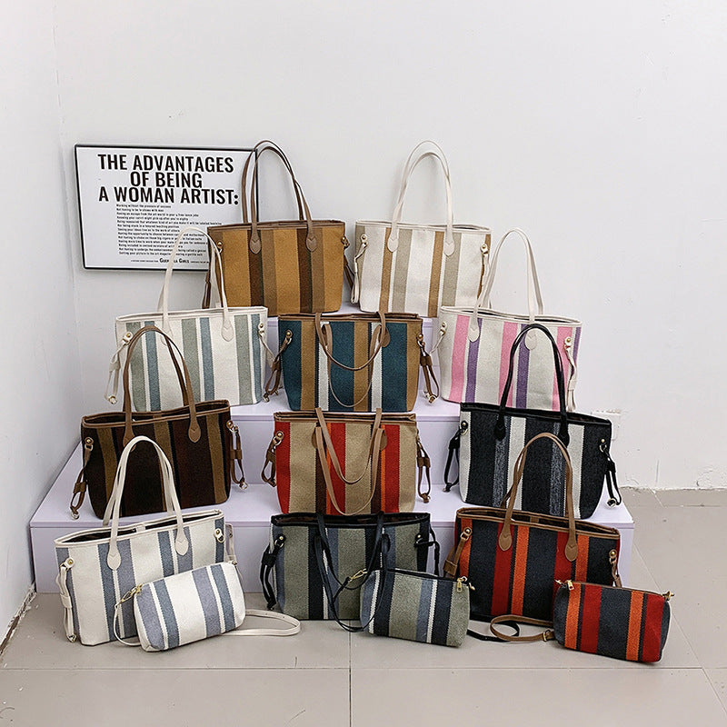 Canvas Striped Letter Print Tote – Large Shoulder & Crossbody Bag, Trendy Versatile Shopper