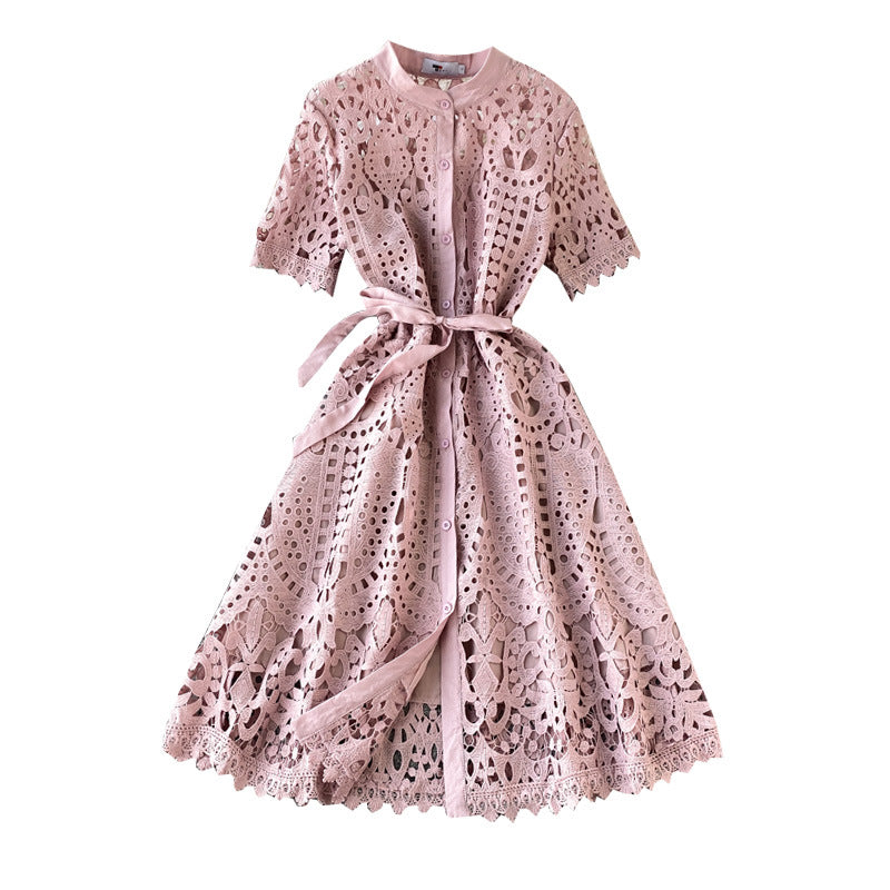 Hollow-Out Elegant Mandarin Collar Dress – Long Sleeve Lace Midi, Short Sleeve Button-Front Tie-Waist Gown