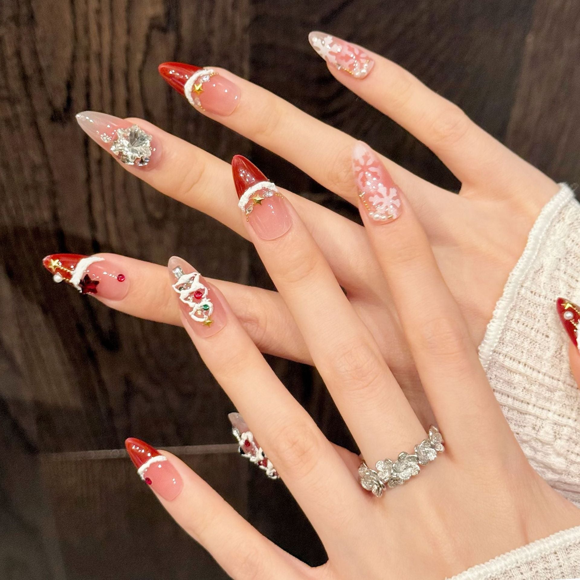 Red Velvet Snowflake Christmas Blush French Nail Art Handmade Nail Art