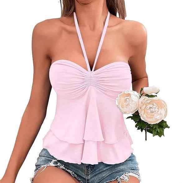 Sexy Lace Up Cross Sling Off-Shoulder Halter Pleated Ruffle Edge Solid Color Tube Top Drawstring Bust Tie Backless Halter Top