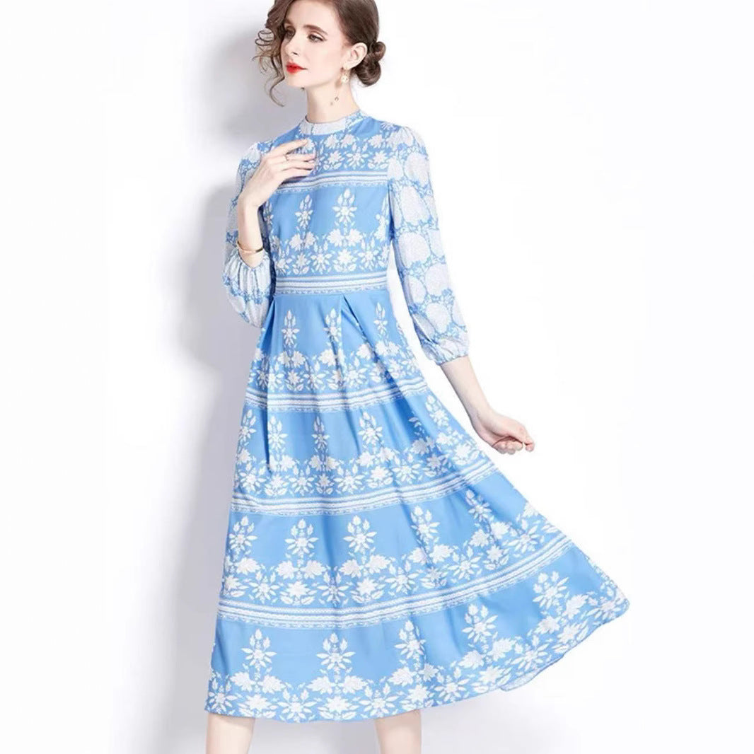 Vintage Blue Willow Print Mandarin Collar Dress - Lantern Sleeve Court Tie-Waist Flared Maxi Gown