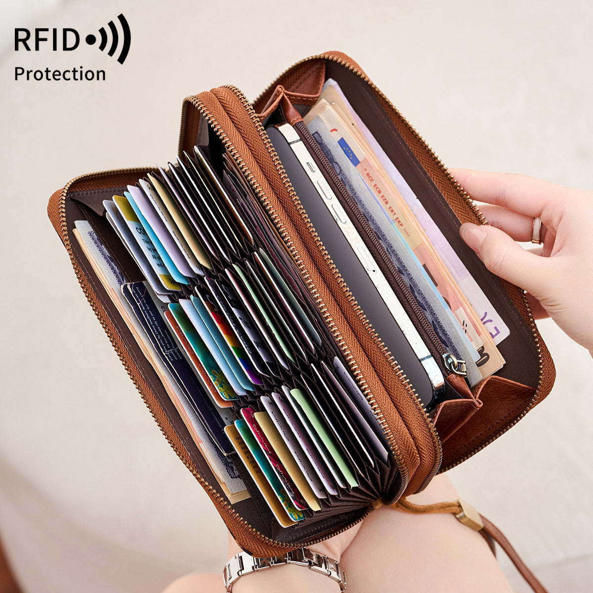 RFID anti-theft brush, women's long wallet, retro cow pattern organ card bag, large capacity clutch bag.