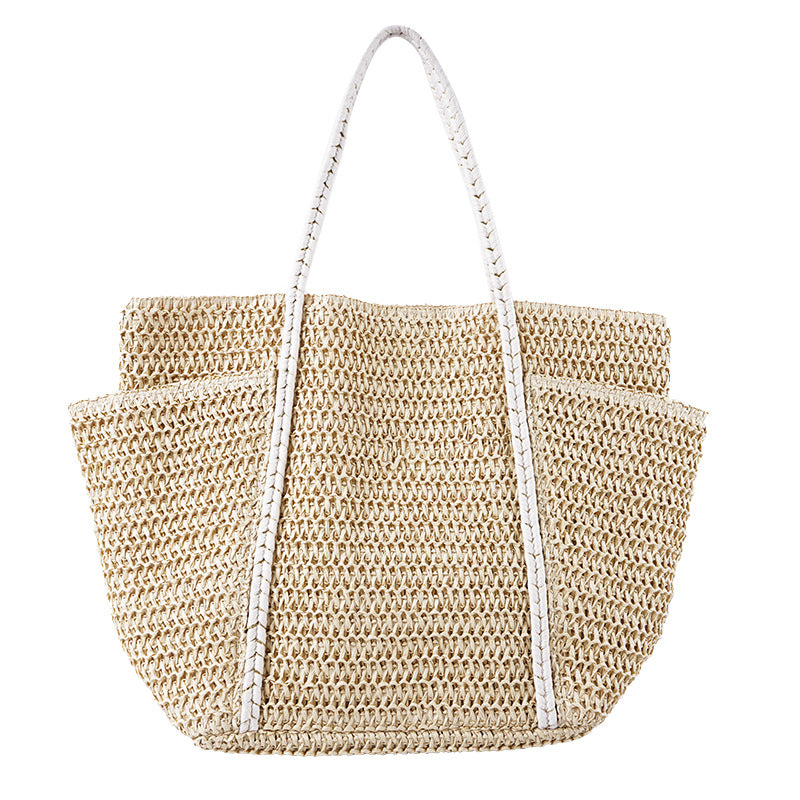 Summer Straw Tote – Women’s Large Shoulder Beach Bag, Patchwork Handwoven Purse