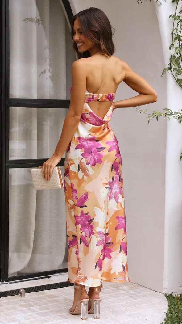 Satin Halter Backless Slit Midi Dress - Print High Neck Elastic Waist Wedding Guest Dress