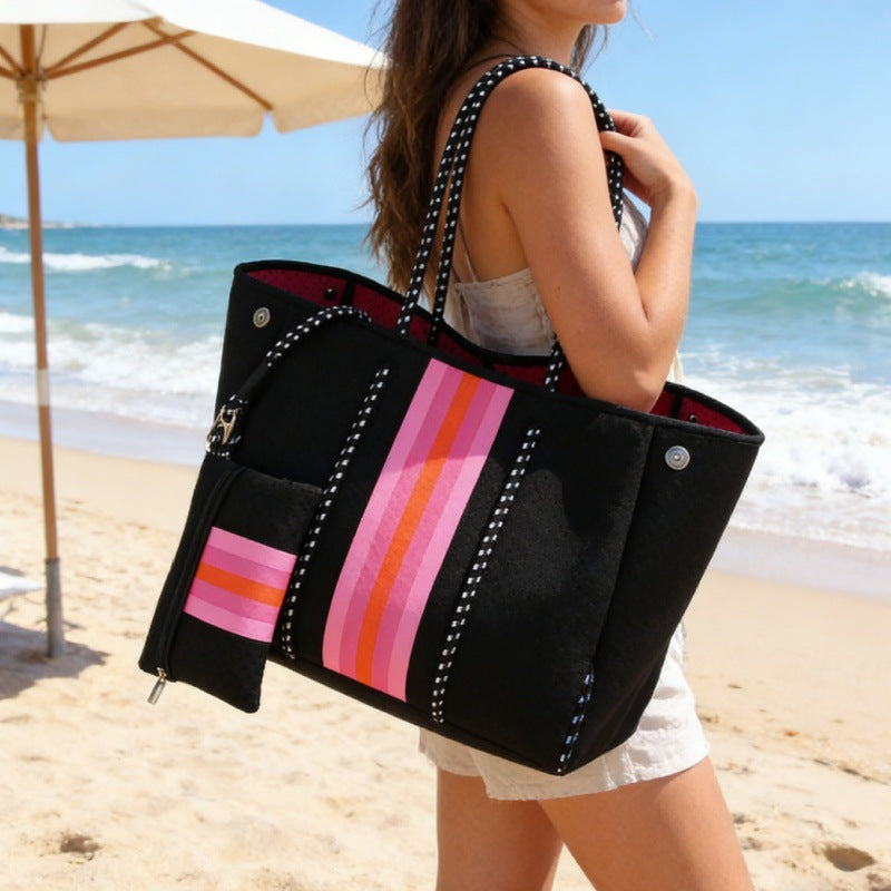 Camo Leopard Black Print Beach Tote – Women’s Neoprene Travel Bag, Diving Fabric Casual Handbag