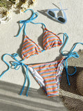 Women's Jacquard Striped Colorful Tie Side Separate Three Piece Bikini Swimsuit Set