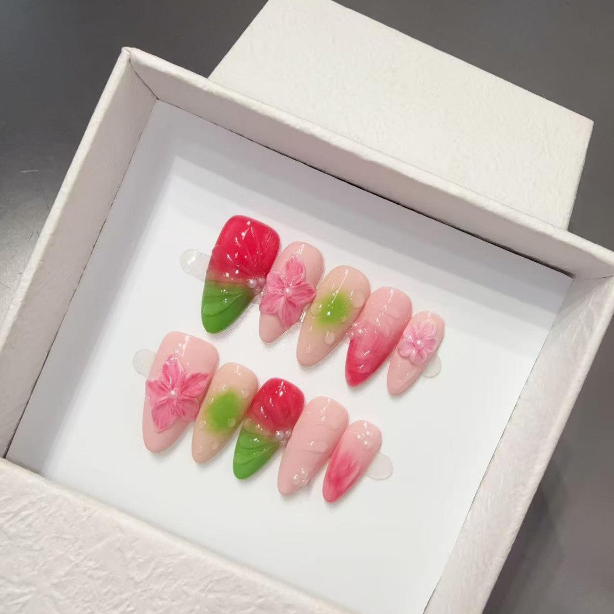 [Island Vacation] Three-dimensional Carving Ice Transparent Handmade Flower Handmade Press on Nails