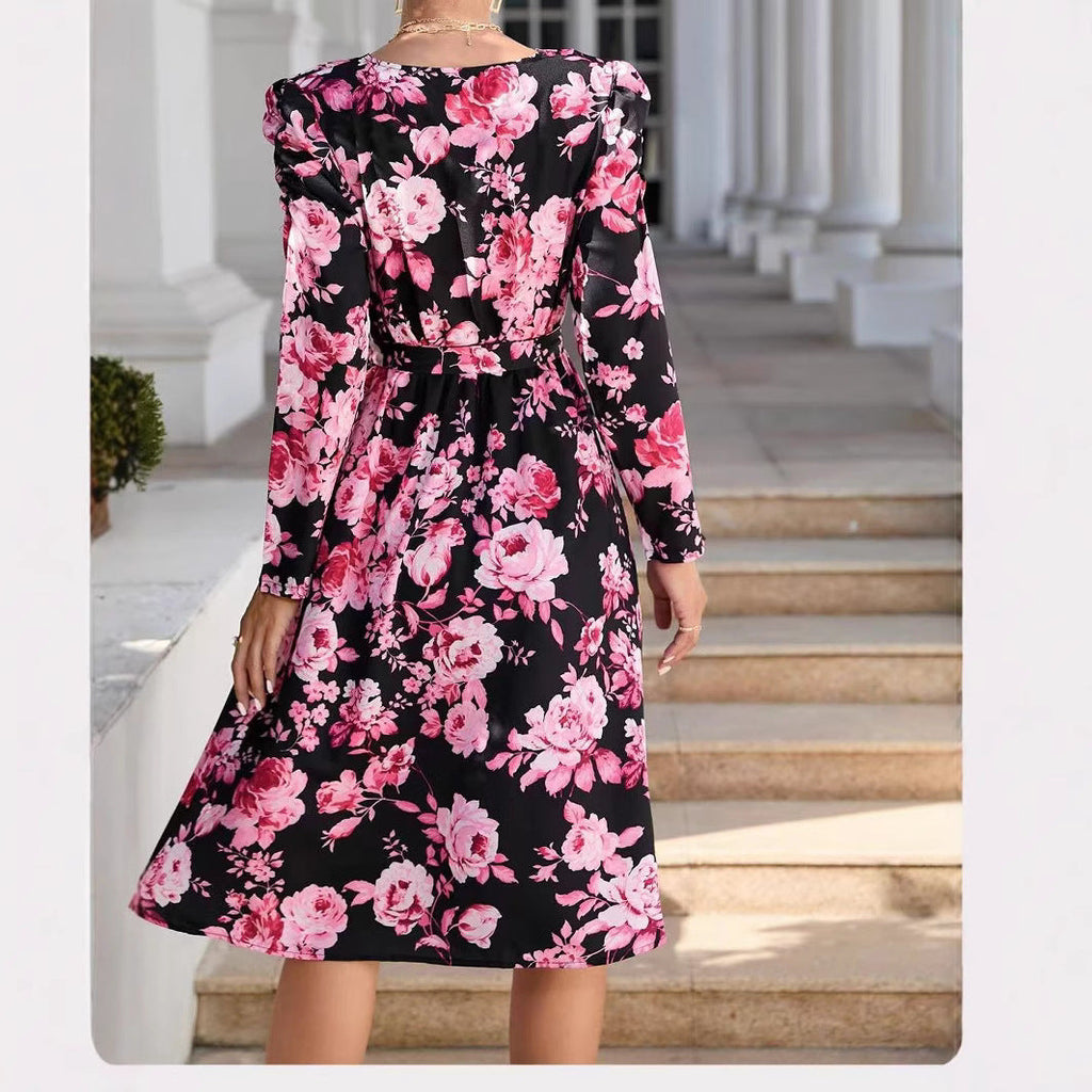 Printed V-Neck Long Sleeve Side-Slit Tie-Front Dress – Wrap-Style Maxi Gown